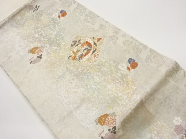 JAPANESE KIMONO / NAGOYA OBI / SILK / WOVEN SHIKISHI & BUTTERFLY & FLOWERS & LEAVES